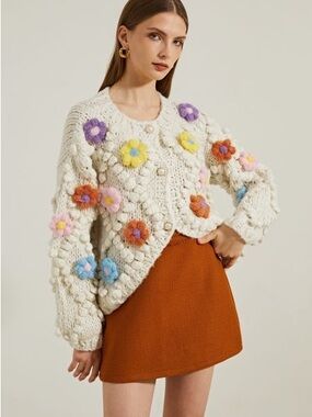 Beulah Cream Knit Cardigan with Floral Appliqués